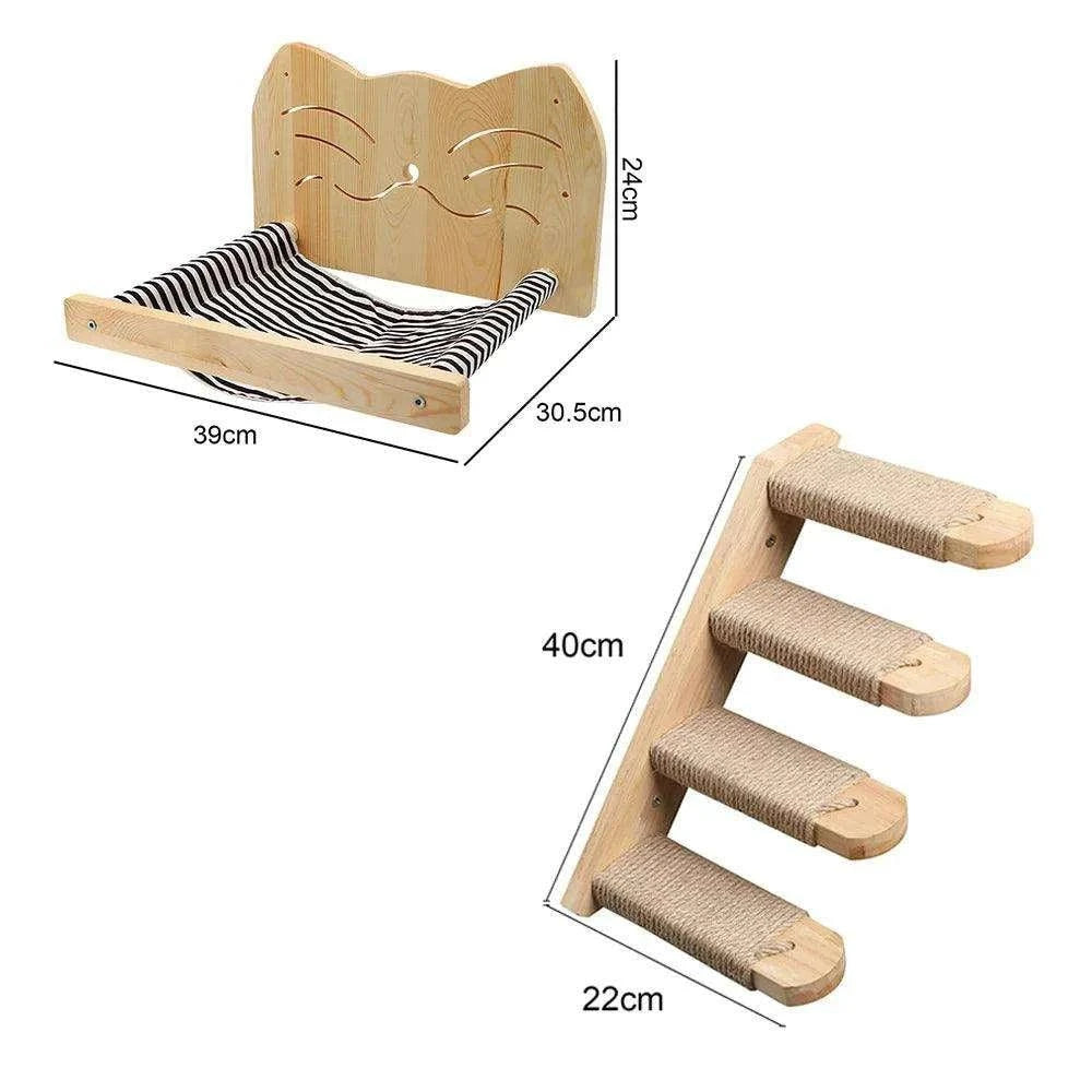 Wall-Mounted Cat Climbing TreeDescription:
Transform your home into a feline paradise with this cat tree. Featuring climbing shelves, a hammock, and a cozy house, your kitten will love their newRegal Pet PalaceRegal Pet PalaceWall-Mounted Cat