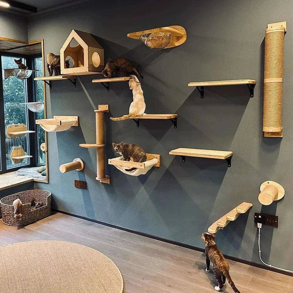 Wall-Mounted Cat Climbing TreeDescription:
Transform your home into a feline paradise with this cat tree. Featuring climbing shelves, a hammock, and a cozy house, your kitten will love their newRegal Pet PalaceRegal Pet PalaceWall-Mounted Cat