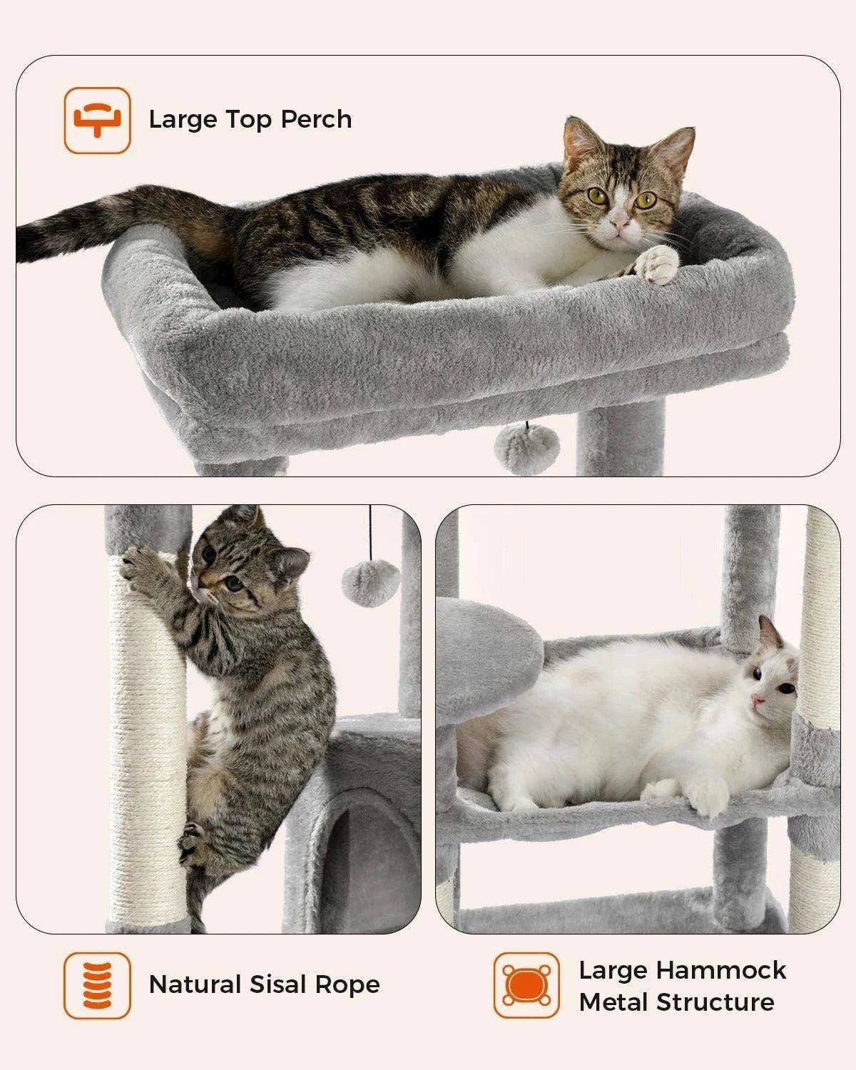 5-Level Cat Tree TowerDescription:
Give your cat the ultimate playground! This spacious cat tree features cozy condos, a hammock, sisal-covered scratching posts, and a top perch for endleRegal Pet PalaceRegal Pet PalaceCat Tree Tower