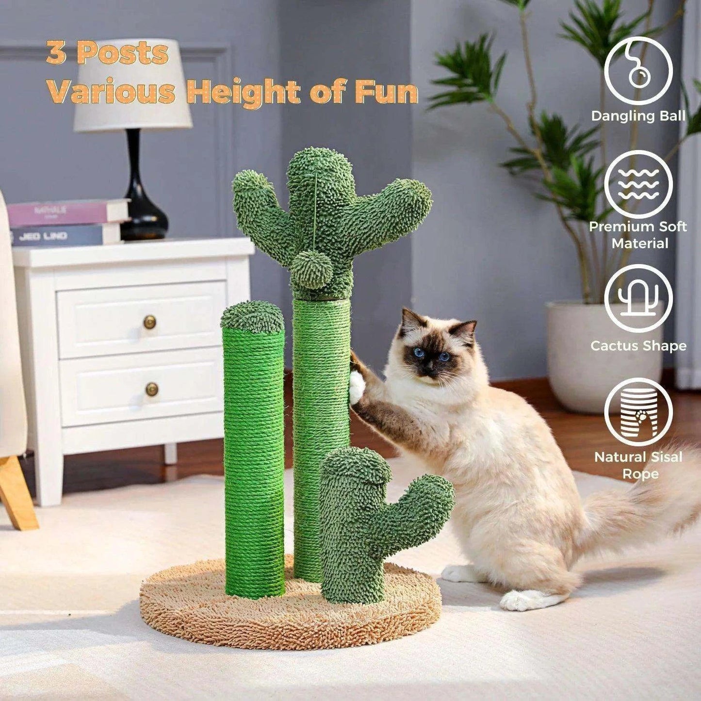 Cactus Cat Scratcher PostDescription:
Transform your cat’s scratching routine into fun! This cactus-shaped cat scratcher features three scratching poles and a dangling interactive ball—perfeRegal Pet PalaceRegal Pet PalaceCactus Cat