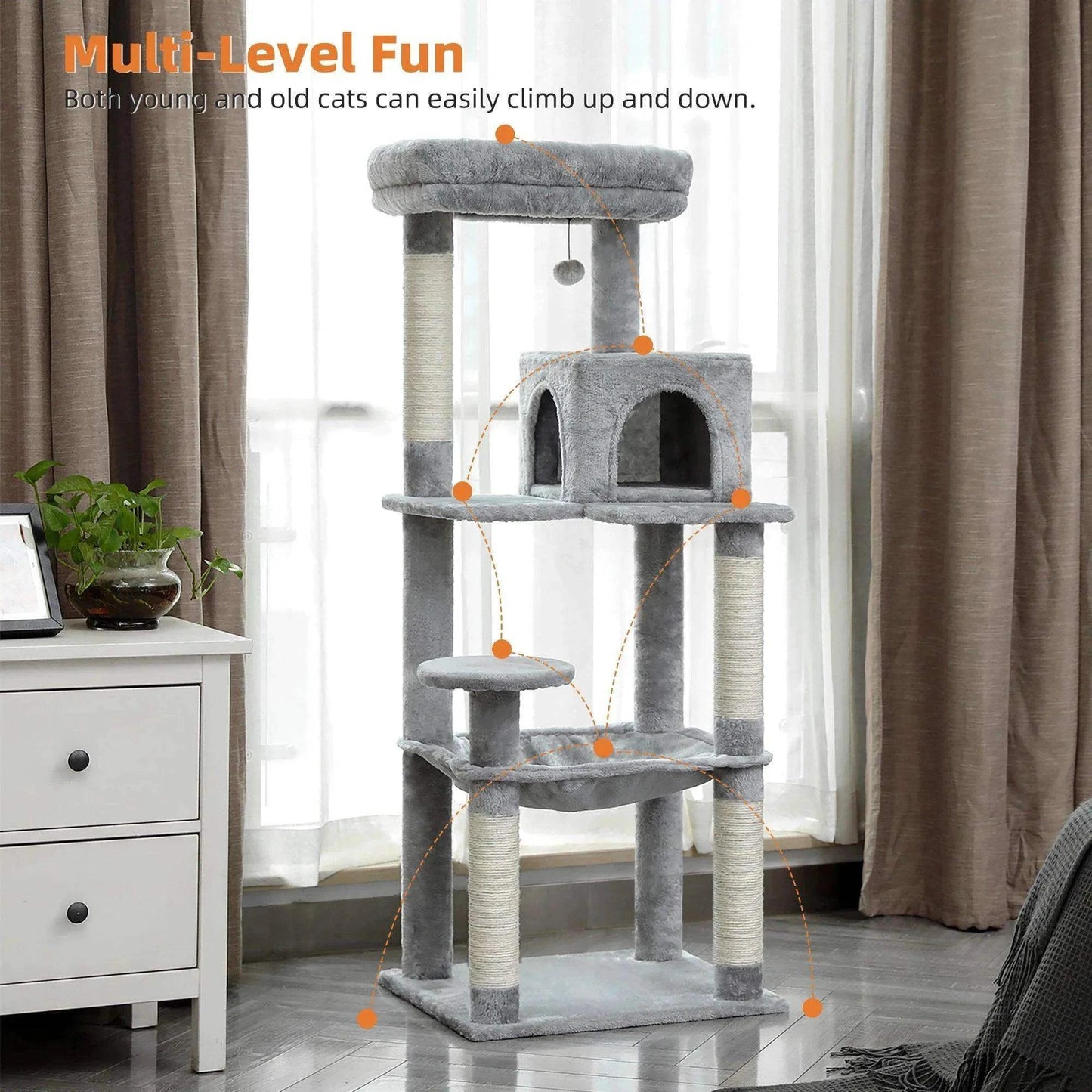 5-Level Cat Tree TowerDescription:
Give your cat the ultimate playground! This spacious cat tree features cozy condos, a hammock, sisal-covered scratching posts, and a top perch for endleRegal Pet PalaceRegal Pet PalaceCat Tree Tower