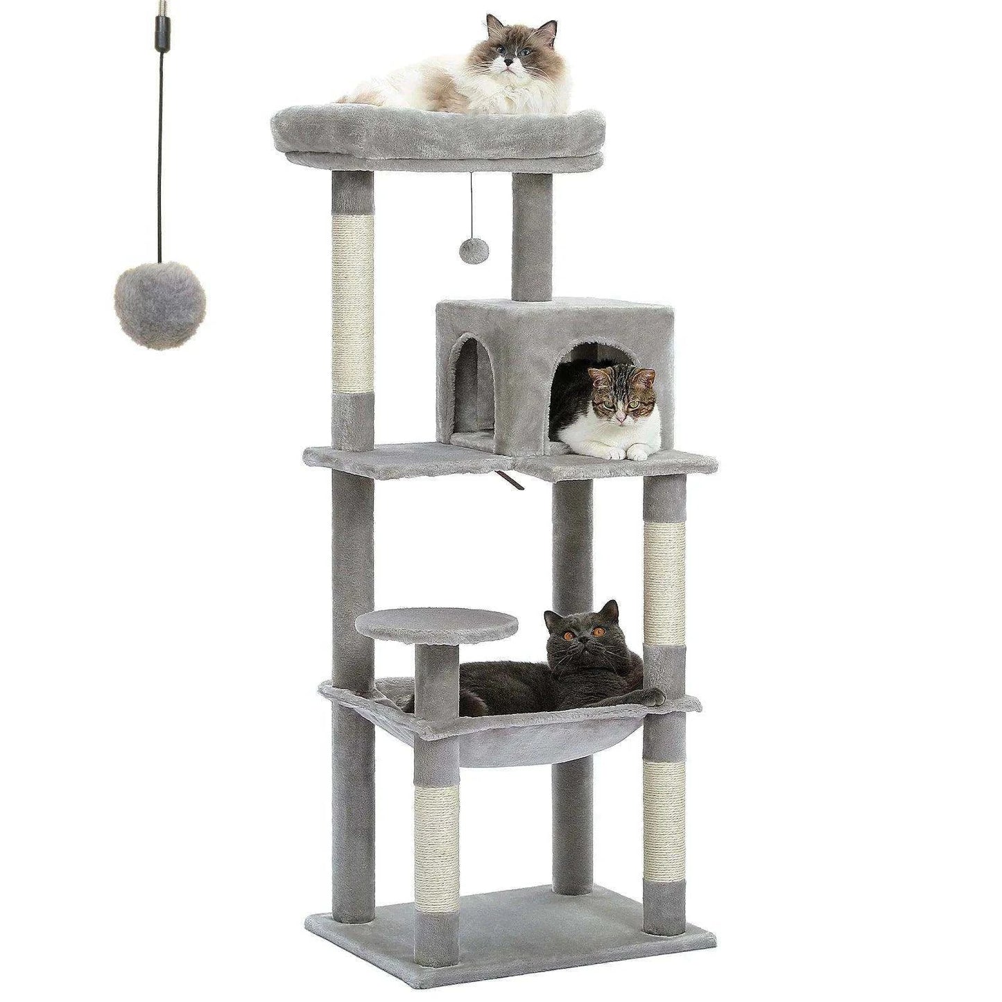 5-Level Cat Tree TowerDescription:
Give your cat the ultimate playground! This spacious cat tree features cozy condos, a hammock, sisal-covered scratching posts, and a top perch for endleRegal Pet PalaceRegal Pet PalaceCat Tree Tower