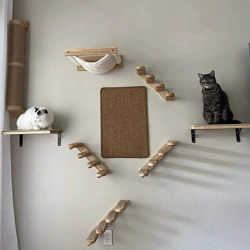 Wall-Mounted Cat Climbing TreeDescription:
Transform your home into a feline paradise with this cat tree. Featuring climbing shelves, a hammock, and a cozy house, your kitten will love their newRegal Pet PalaceRegal Pet PalaceWall-Mounted Cat