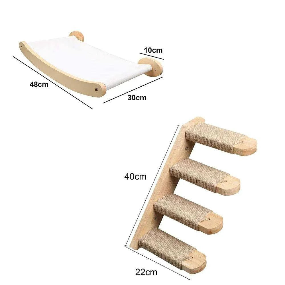 Wall-Mounted Cat Climbing TreeDescription:
Transform your home into a feline paradise with this cat tree. Featuring climbing shelves, a hammock, and a cozy house, your kitten will love their newRegal Pet PalaceRegal Pet PalaceWall-Mounted Cat