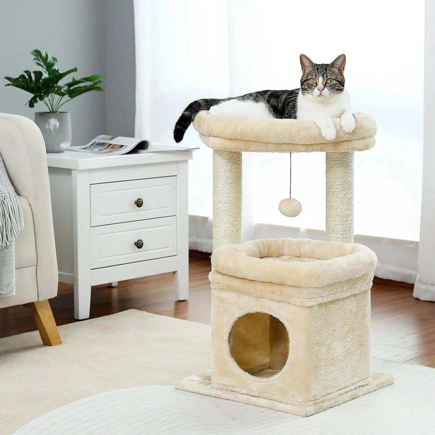 Cozy Cat Tower CondoDescription:
Give your cat the ultimate playground with this cozy cat tower! Featuring a private condo, sisal scratching posts, and a plush pom-pom for endless enteRegal Pet PalaceRegal Pet PalaceCozy Cat Tower