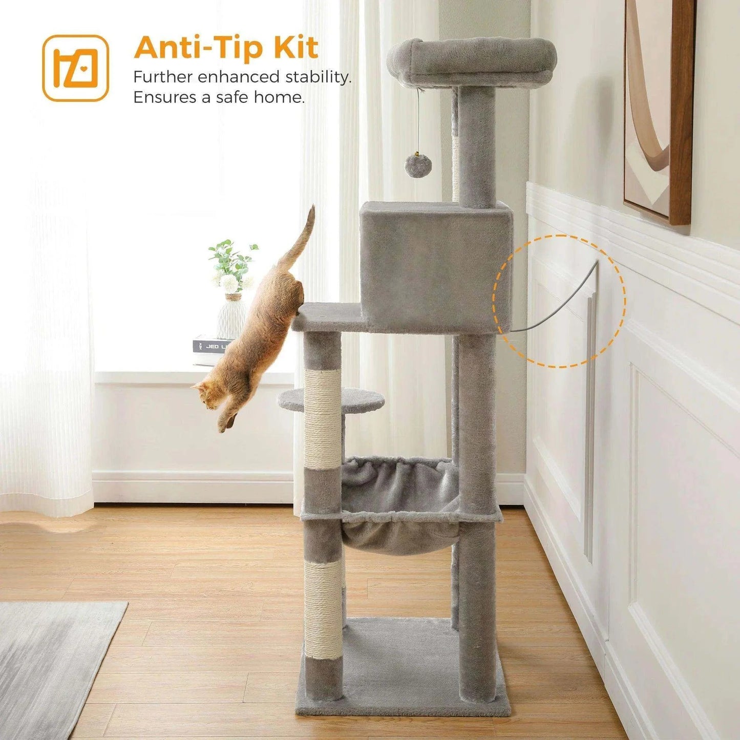 5-Level Cat Tree TowerDescription:
Give your cat the ultimate playground! This spacious cat tree features cozy condos, a hammock, sisal-covered scratching posts, and a top perch for endleRegal Pet PalaceRegal Pet PalaceCat Tree Tower