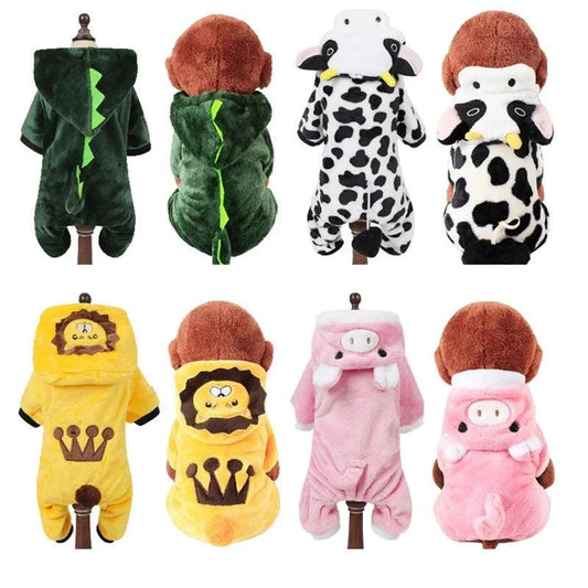 Cartoon animal pet pajama jumpsuits in various colorful designs, perfect for keeping small dogs warm and cozy on chilly days.