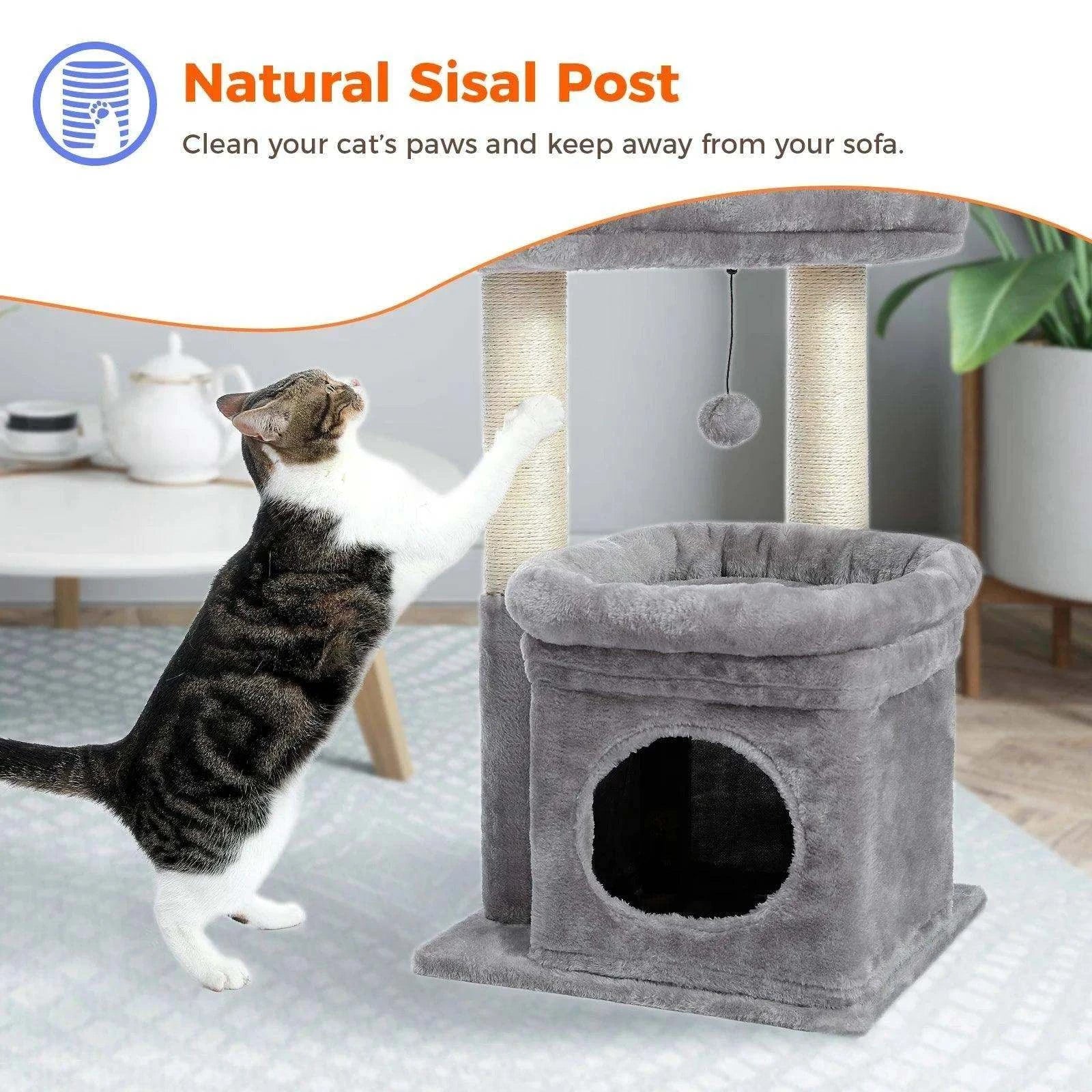 Cozy Cat Tower CondoDescription:

Give your cat the ultimate playground with this cozy cat tower! Featuring a private condo, sisal scratching posts, and a plush pom-pom for endless enteRegal Pet PalaceRegal Pet PalaceCozy Cat Tower