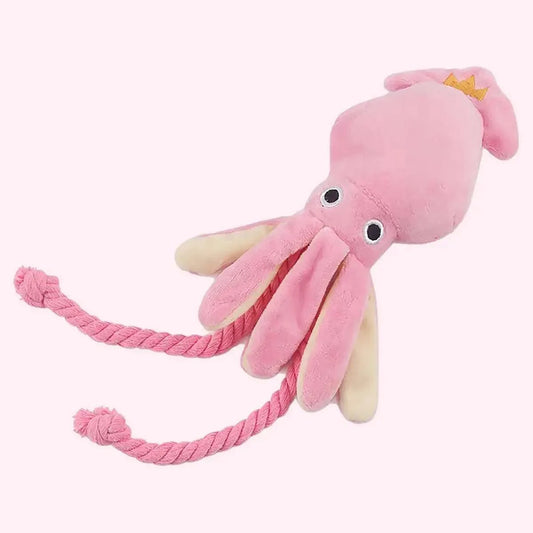 Bite-resistant octopus pet toy, pink plush design for tough chewers.