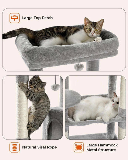 5-Level Cat Tree TowerDescription:
Give your cat the ultimate playground! This spacious cat tree features cozy condos, a hammock, sisal-covered scratching posts, and a top perch for endleRegal Pet PalaceRegal Pet PalaceCat Tree Tower