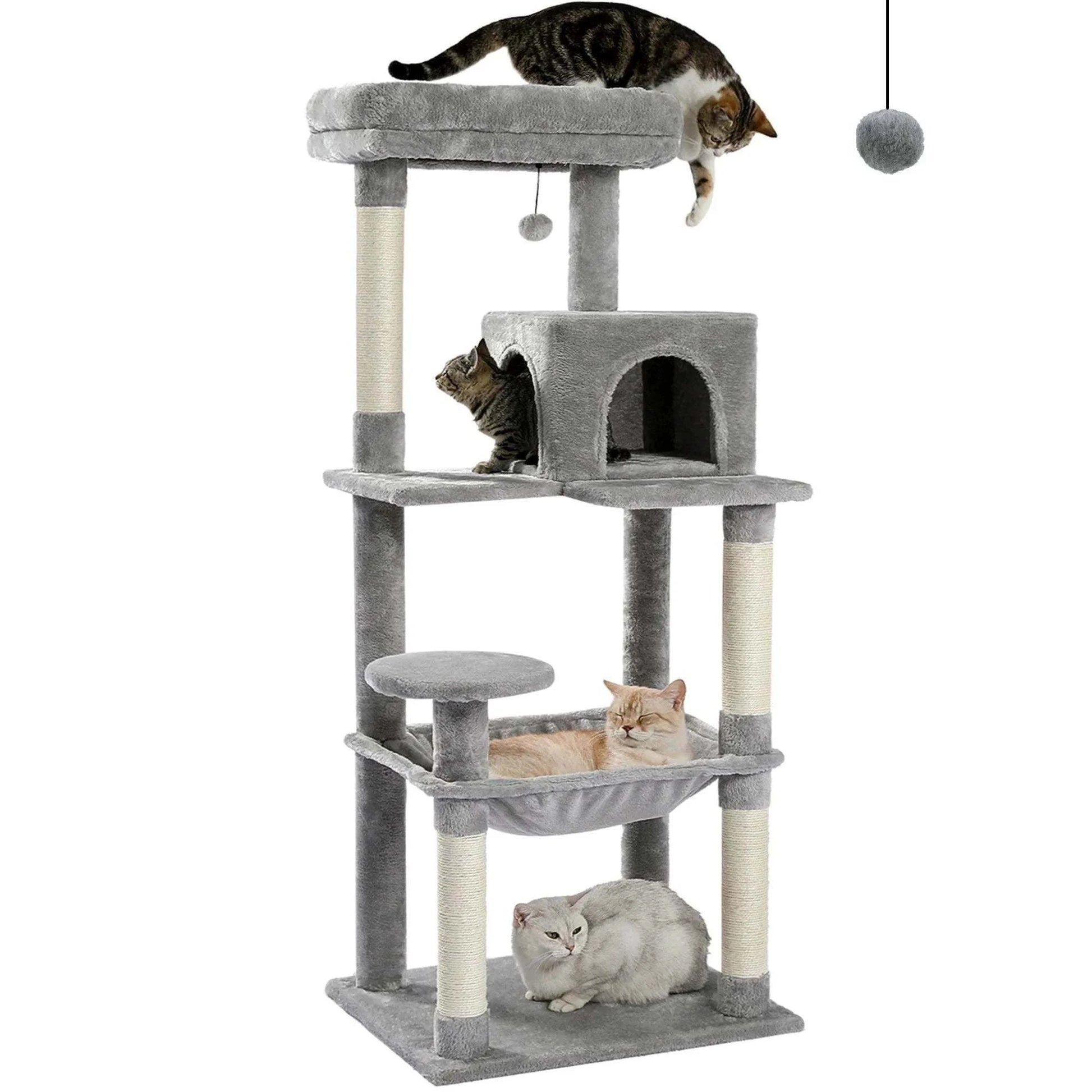 5-Level Cat Tree TowerDescription:
Give your cat the ultimate playground! This spacious cat tree features cozy condos, a hammock, sisal-covered scratching posts, and a top perch for endleRegal Pet PalaceRegal Pet PalaceCat Tree Tower