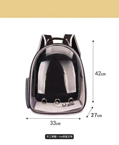 Transparent Cat Travel BackpackDescription:

Turn every outing into an adventure! This breathable, lightweight backpack gives your cat a panoramic view while keeping them safe and comfortable on tRegal Pet PalaceRegal Pet PalaceCat Travel Backpack