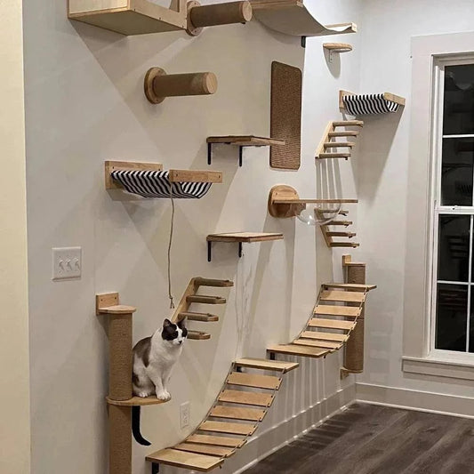 Wall-Mounted Cat Climbing TreeDescription:

Transform your home into a feline paradise with this cat tree. Featuring climbing shelves, a hammock, and a cozy house, your kitten will love their newRegal Pet PalaceRegal Pet PalaceWall-Mounted Cat