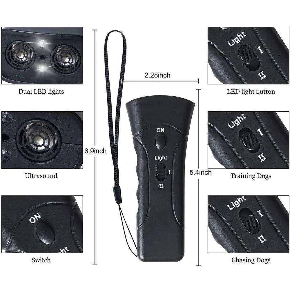 Ultrasonic Dog Repeller DeviceDescription:

 Stay safe from aggressive animals! This ultrasonic dog chaser uses sound and an LED flashlight to deter threats, making walks, jogs, and outdoor advenRegal Pet PalaceRegal Pet PalaceUltrasonic Dog Repeller