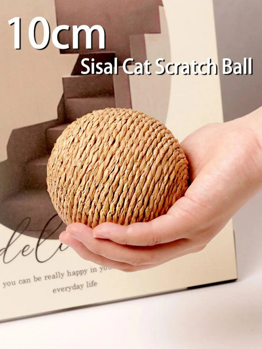 Interactive sisal cat ball for scratching and dental care.