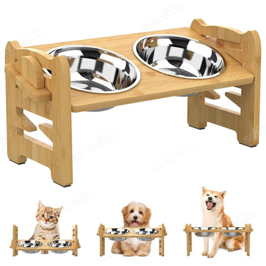 Adjustable Bamboo Dog Feeder