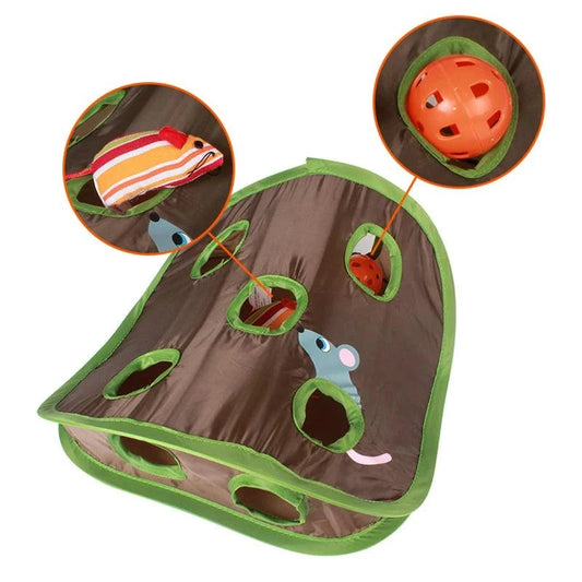 Interactive foldable cat mice hunt toy with 9 holes for engaging play.