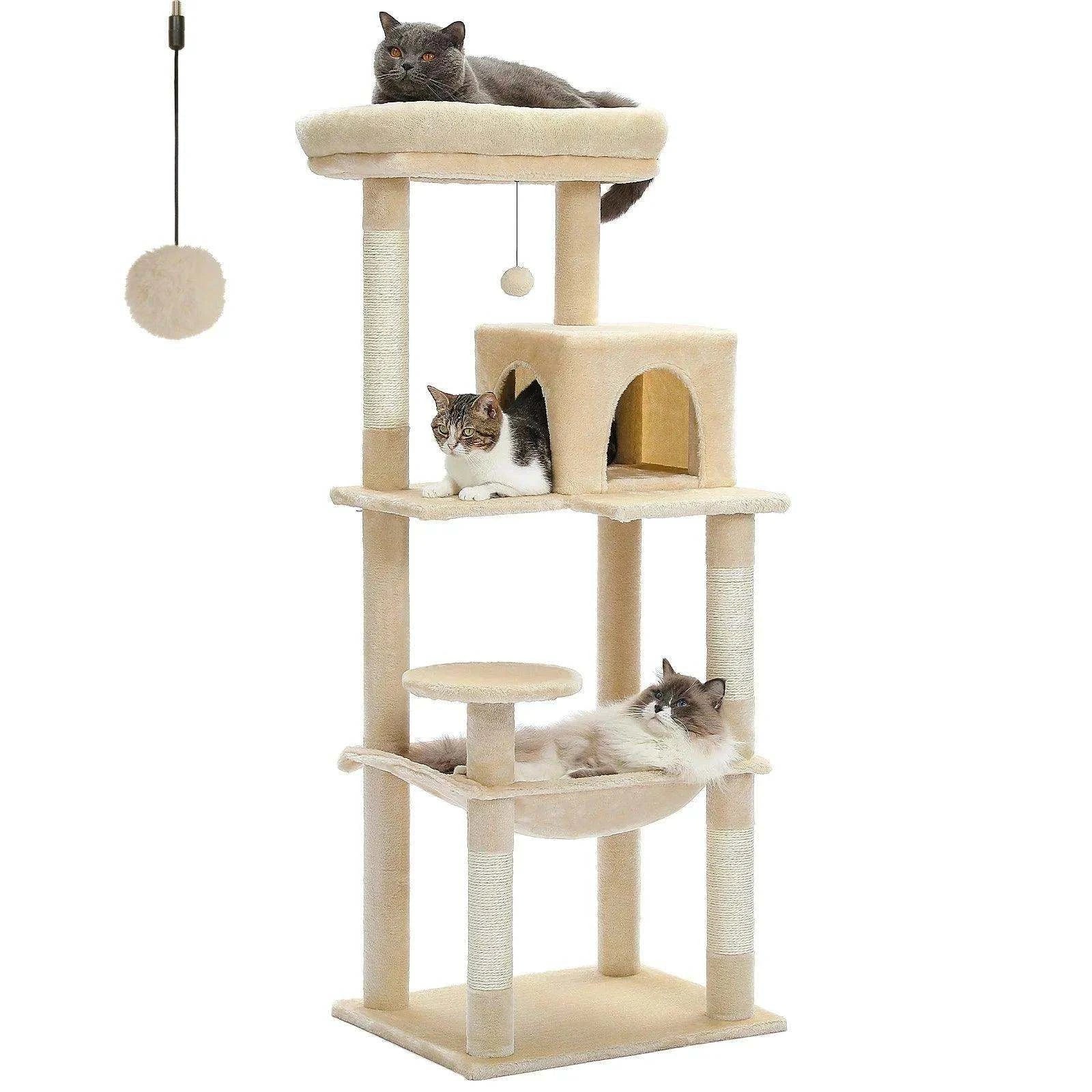 5-Level Cat Tree TowerDescription:
Give your cat the ultimate playground! This spacious cat tree features cozy condos, a hammock, sisal-covered scratching posts, and a top perch for endleRegal Pet PalaceRegal Pet PalaceCat Tree Tower