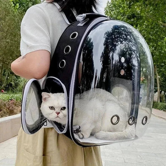 Transparent Cat Travel BackpackDescription:

Turn every outing into an adventure! This breathable, lightweight backpack gives your cat a panoramic view while keeping them safe and comfortable on tRegal Pet PalaceRegal Pet PalaceCat Travel Backpack