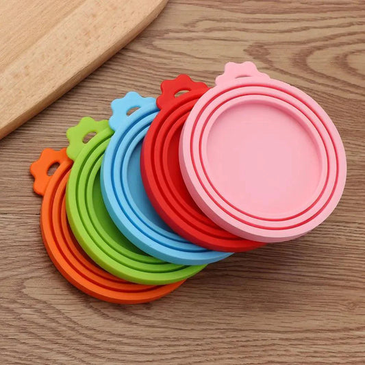 3-in-1 silicone canned lids in various colors display eco-friendly, reusable designed for preserving pet food freshness.