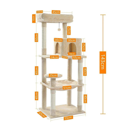 5-Level Cat Tree TowerDescription:
Give your cat the ultimate playground! This spacious cat tree features cozy condos, a hammock, sisal-covered scratching posts, and a top perch for endleRegal Pet PalaceRegal Pet PalaceCat Tree Tower